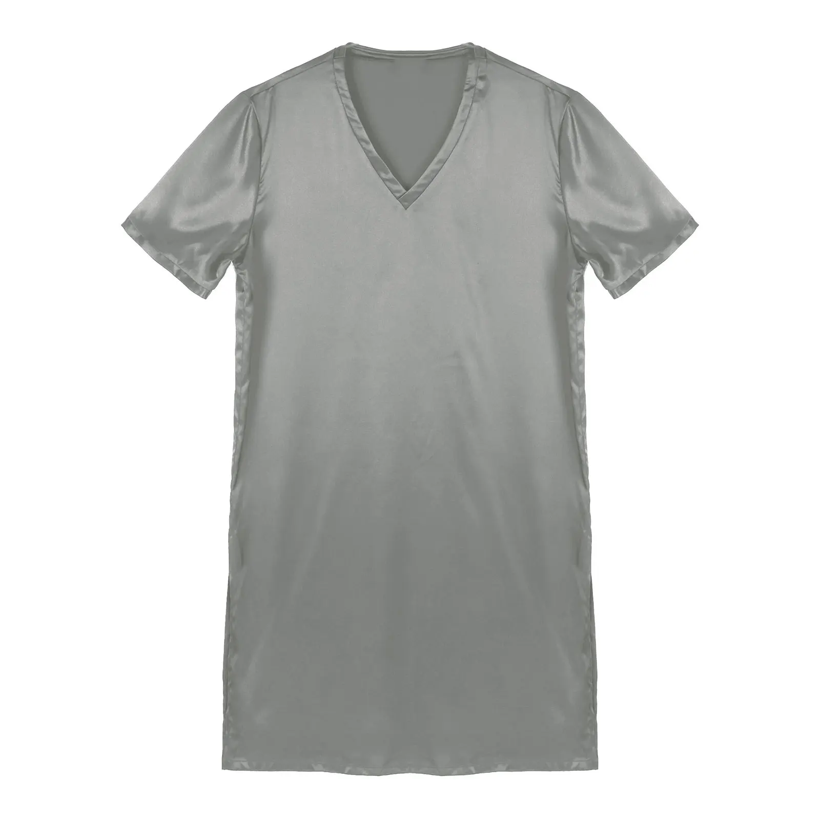 Mens Womens Satin Nightgown satin nightgown V Neck Short Sleeve Sleepwear Nightclothes Homewear Sides Split Nightwear