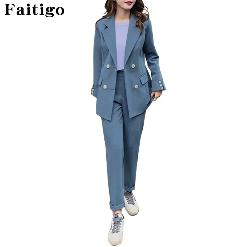 Женский брючный костюм осенне-зимний Повседневный двубортный офисный с отложным