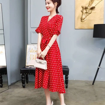 

Women Dot Printing A-Line Dress Casual Short Sleeve Lace Up Dress Beach V-Neck Ladies Mid-Calf Length Dress