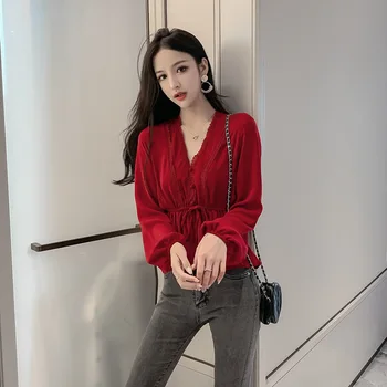 

2020 Spring And Autumn New Youth Popular Korean Loose V-neck Solid Color Long Sleeve Shirt Fashion Casual Wild Top Black / Red