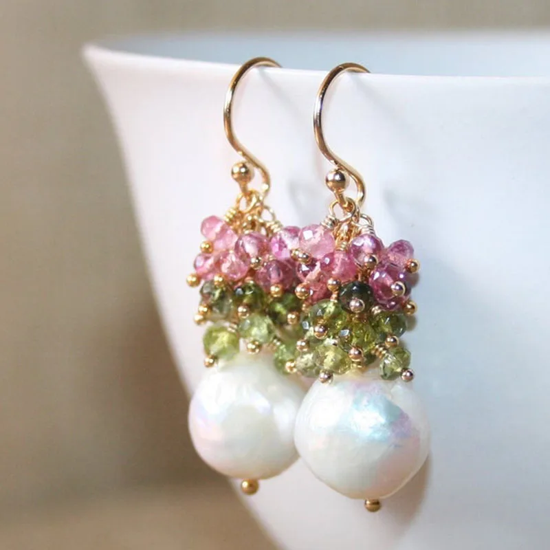Cluster of mixed color pearls with green amethyst Earrings - Image 3