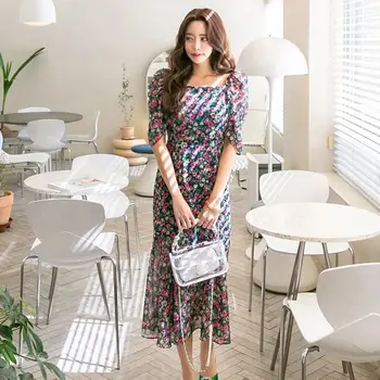 

Summer Fall Women Korean Elegant Floral Print Mermaid Dress Slim Waist Chiffon Dress Half-Sleeve Midi Party Dress
