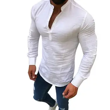 

2020 Sexy New Men Long Sleeves Blouse Summer Fashion Casual Cool Clothing Slim Fit Tees Tops Male Breathable Linen Shirt