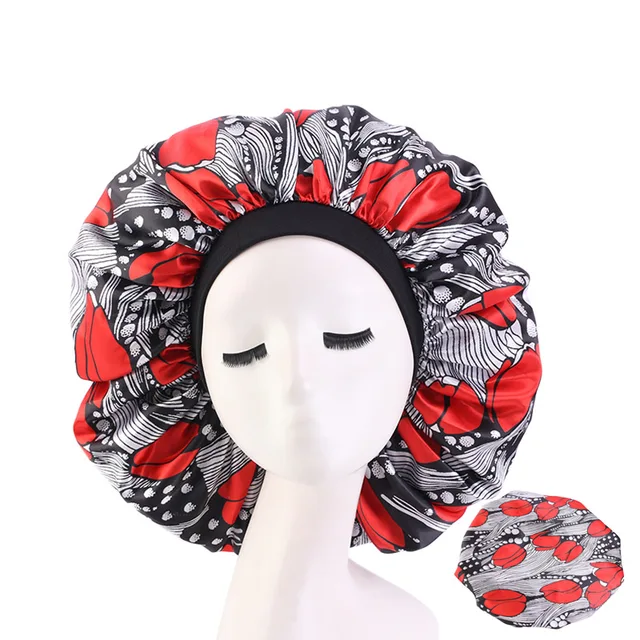 New Women Big Size Beauty print Satin Silky Bonnet Sleep Night Cap Head Cover Bonnet Hat for For Curly Springy Hair Black 408C Black red
