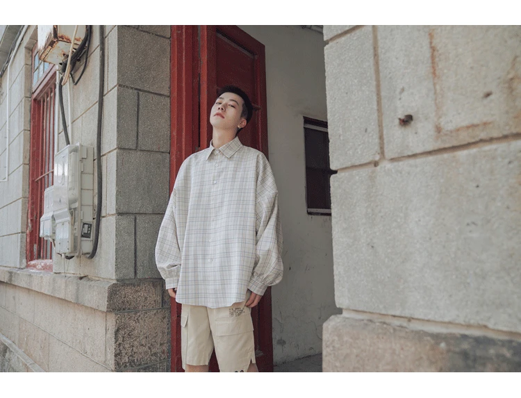Men's long-sleeved shirt autumn and winter new casual loose plaid shirt youth personality fashion trend men's clothing - Цвет: Серый