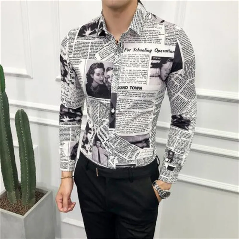 Дизайнерская рубашка с узором, рубашка для газет, Camisa Social Masculina, стильная рубашка для мужчин, вечерние, Клубные, уникальная рубашка, приталенная, 5xl