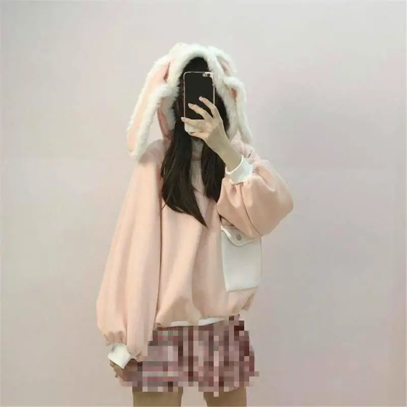 Для женщин милый кролик толстовки Женский японский Harajuku с длинным рукавом Толстовка Kawaii Свободные свитшоты Повседневная Толстовка
