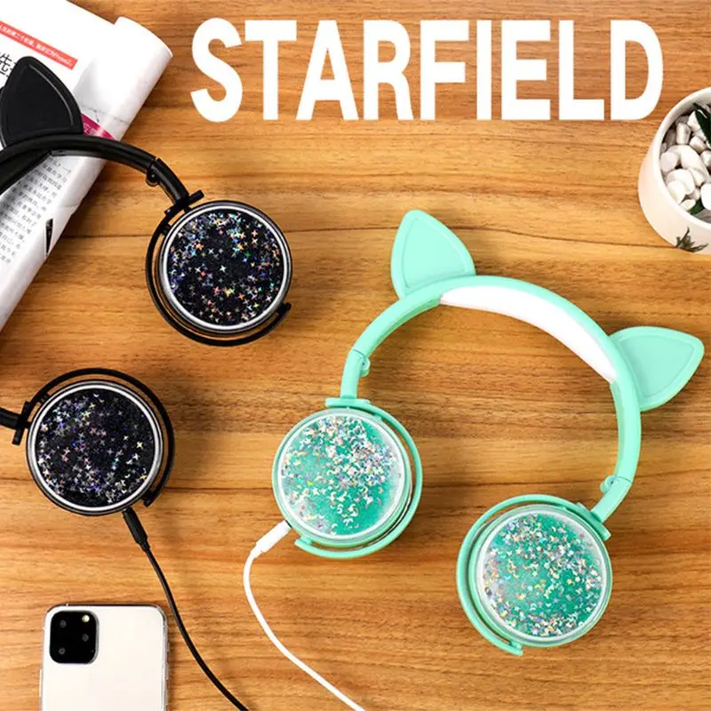 Girls Cat Ear Headset Quicksand Decor Music Sports Wired Headphones for Kids Gifts X6HA