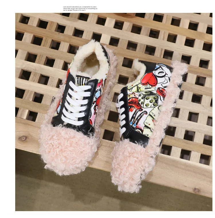 New Fashion Plush and Velvet Flat Bottom Graffiti Shoes Female Wear Thick Warm Casual Winter Womens Sneakers W20-57