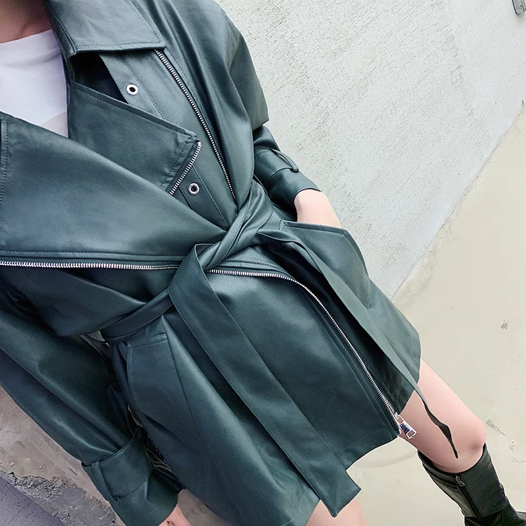 [DEAT] модная трендовая куртка из искусственной кожи, коша, длинный рукав, большой размер, пояс на талии, тонкая, высокое качество, на молнии, Женское пальто A49