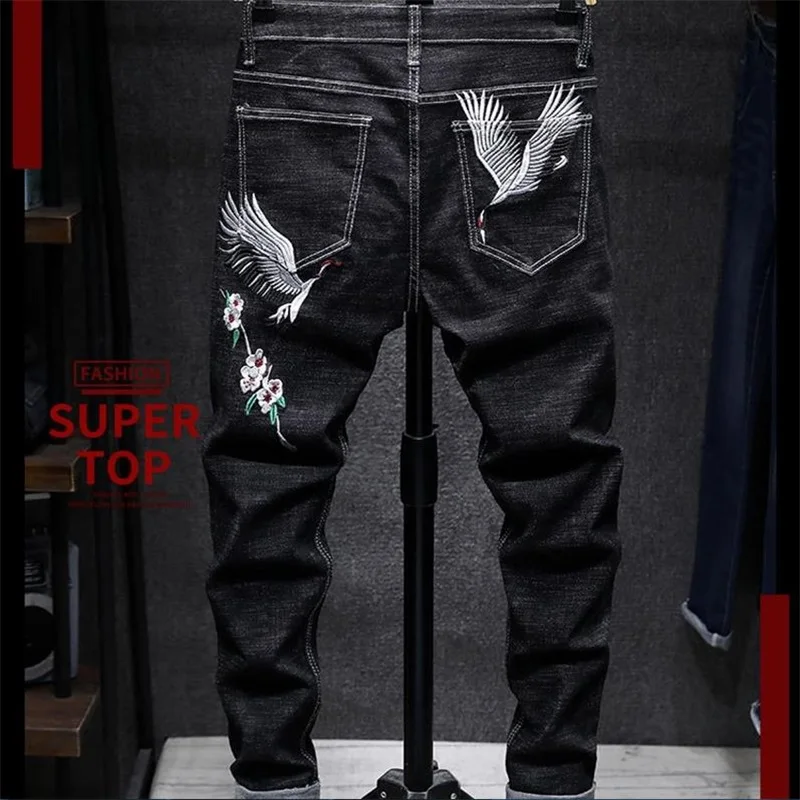 Стиль джинсы мужские хлопок вышивка черные мужские брюки Slim Fit высокое качество#80077