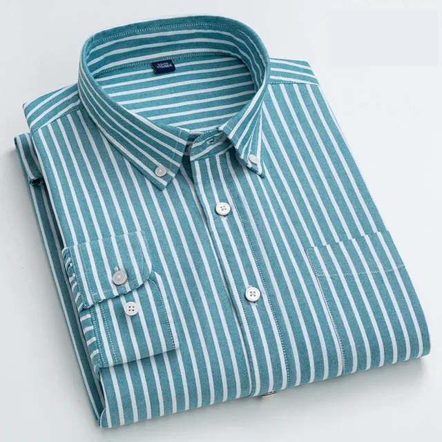 100% Cotton Oxford Plaid Solid Color Striped Shirt Tops Casual Long Sleeve Shirt Slim Fit Shirt Men Camisa Social Korean Clothes 012