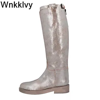 

Flat heel Knee High boots women thick bottom long Booties ladies belt buckled decor autumn winter shoes retro knight Boots