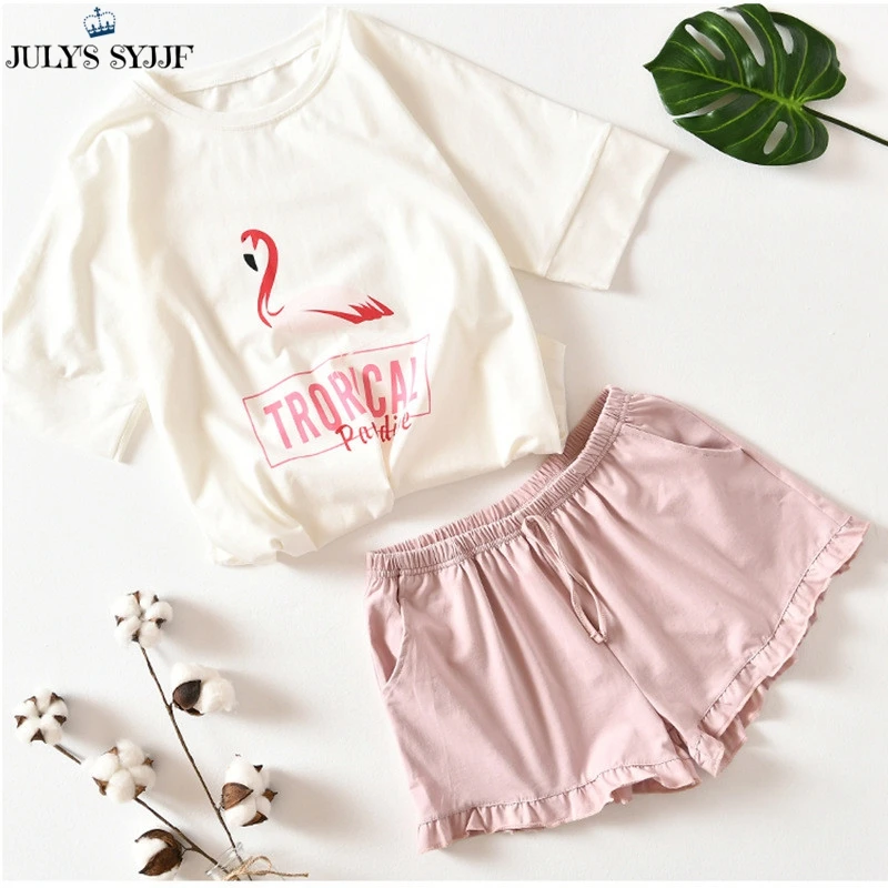 

JULY'S SYJJFCotton Flamingo Sleepwear Women's Pajamas Set Top and Shorts Soft Short Sleeves Spring Summer Pajamas Suit