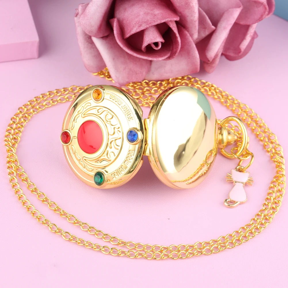 Exquisite Color Diamond Case Cover Pocket Watch Girls Sailor Moon Necklace Clock Female Pink Cat Accessoy 4