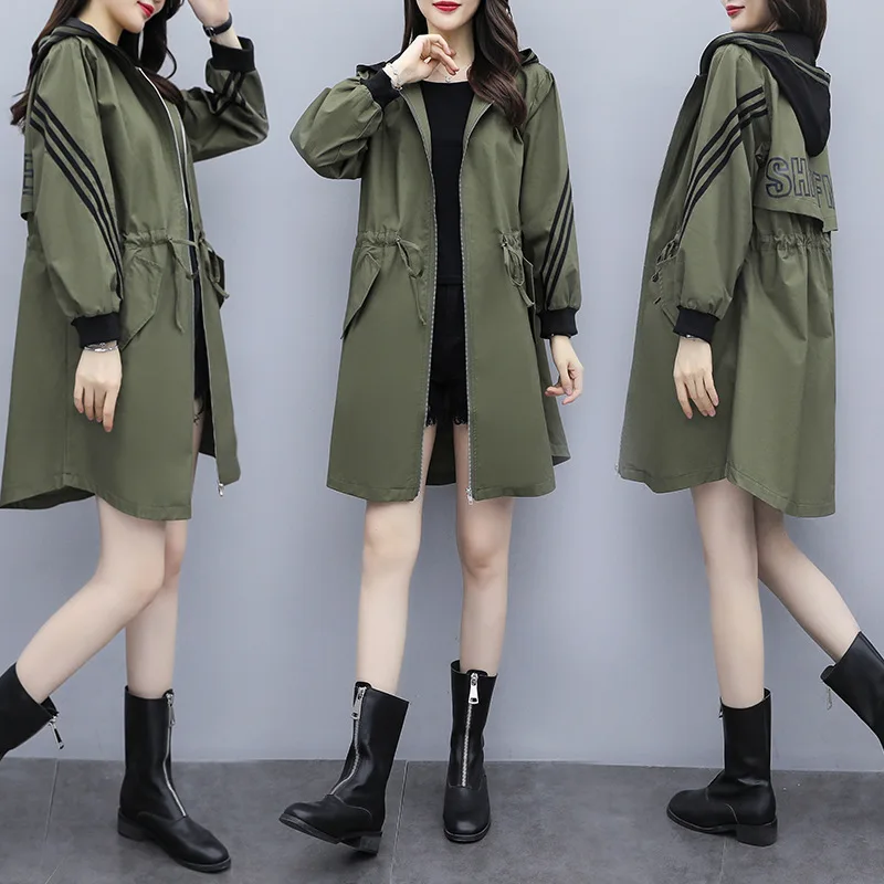 

2019 Autumn New Style Korean-style Large Size Dress Loose-Fit Slimming Waist Hugging Lace-up Hooded Mid-length Trench Coat Women