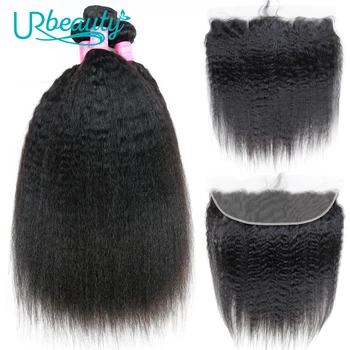 

Brazilian Kinky Straight Human Hair Bundles With Lace Frontal 10-30 Inch 13X4 Lace Frontal Natural Black Non-Remy Cabelo Tece