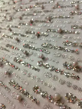 

High Quality French Tulle Lace Fabric African Net Lace Silver Sequins Glitter Mesh Fabric with Beads for Wedding Dress