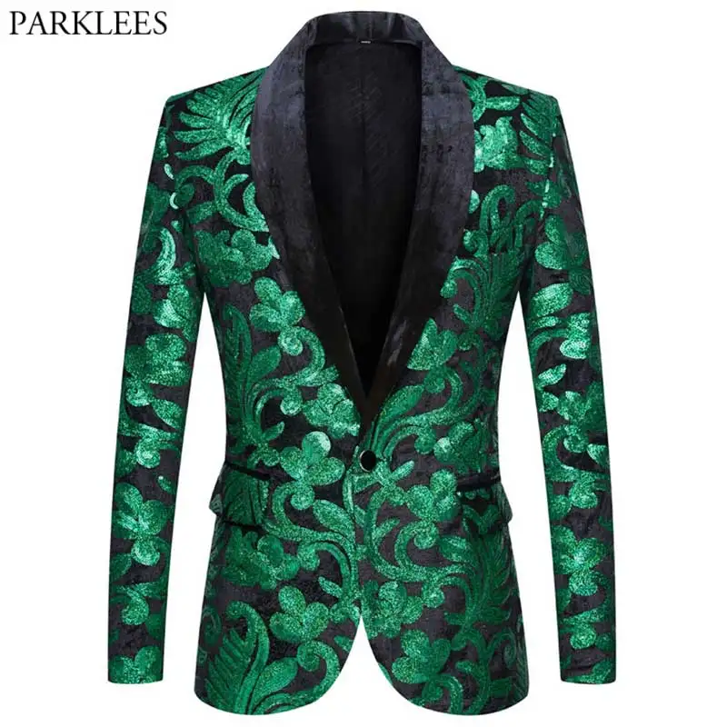 Shiny Green Floral Sequin Tuxedo Blazers Men One Button Shawl