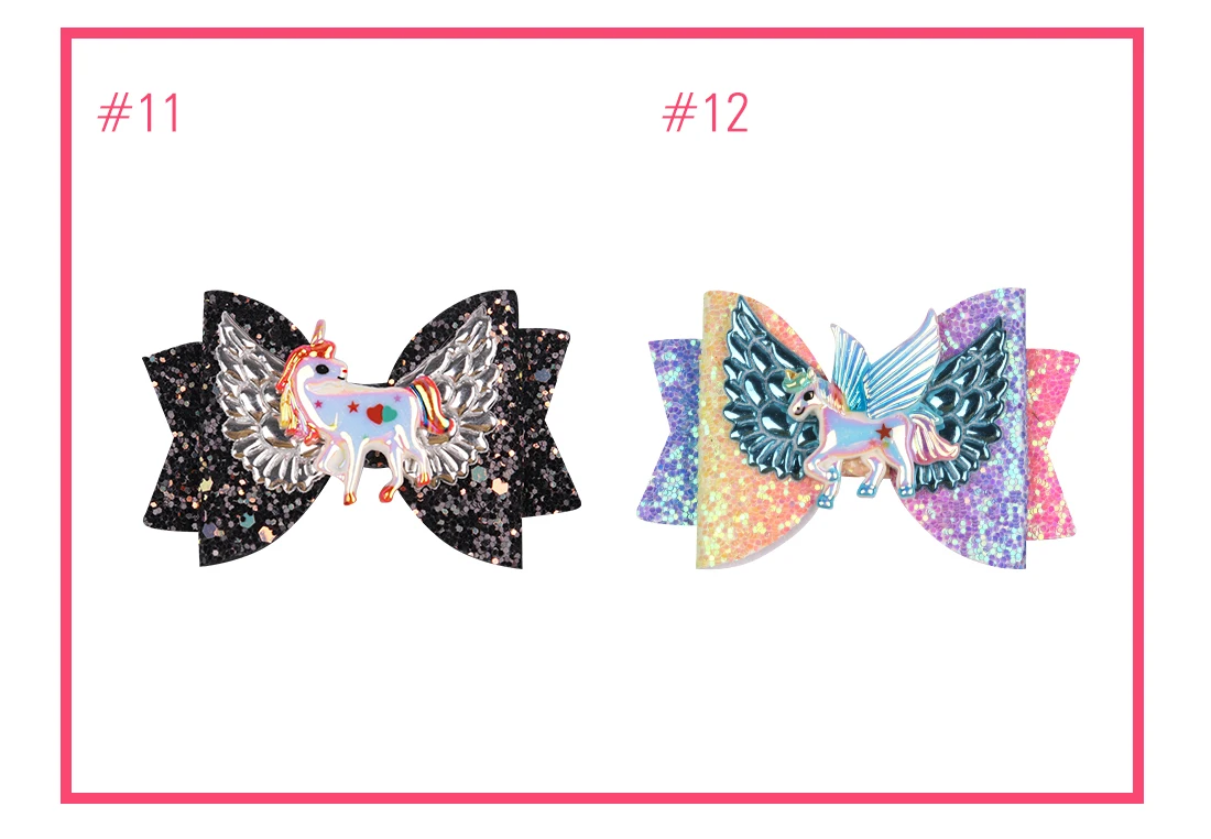 12pcs/lot Children Unicorn Hairpins Girls Glitter Hair Bows Cartoon Wing Fly Kids Hairgrips 3 Inch Rainbow Color Bow Hair Clips