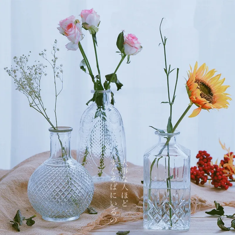 

Transparent Flower Vase Creative Nordic Decoration Home Retro Embossed Glass Vases Living Room Flower Arrangement Ornaments