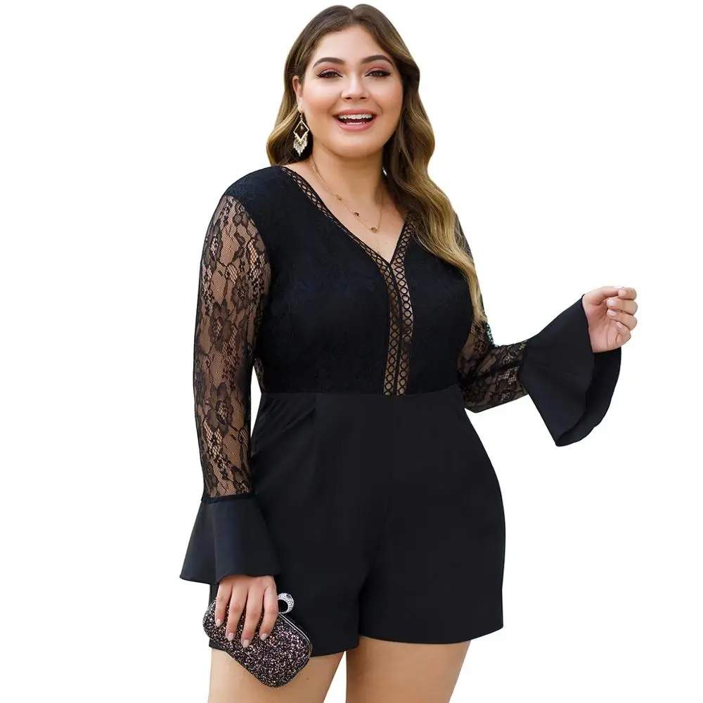 

Autumn Long Lace Flare Sleeve Playsuits Women V-Neck Hollow Out Sexy Black Loose Plus Size 3XL 4XL Backless Playsuits Ladies