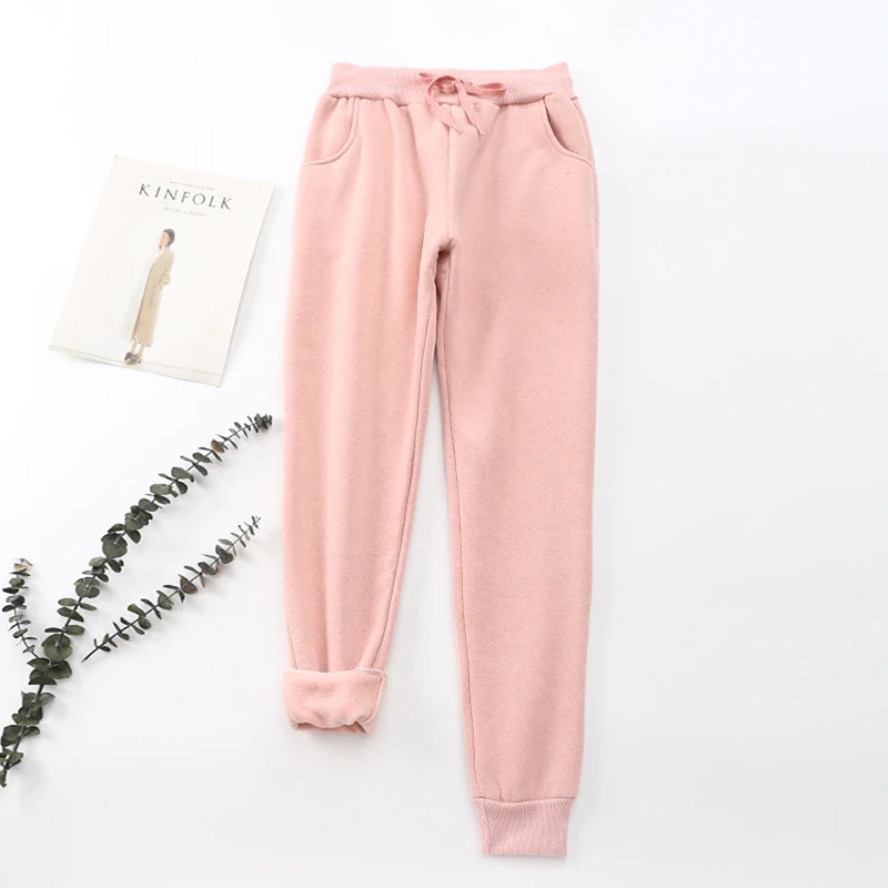 pink Осенние женские спортивные штаны, повседневные плюс бархатные зимние теплые спортивные штаны для бега, одноцветные черные брюки на шнурке с эластичной резинкой на талии - Цвет: pink
