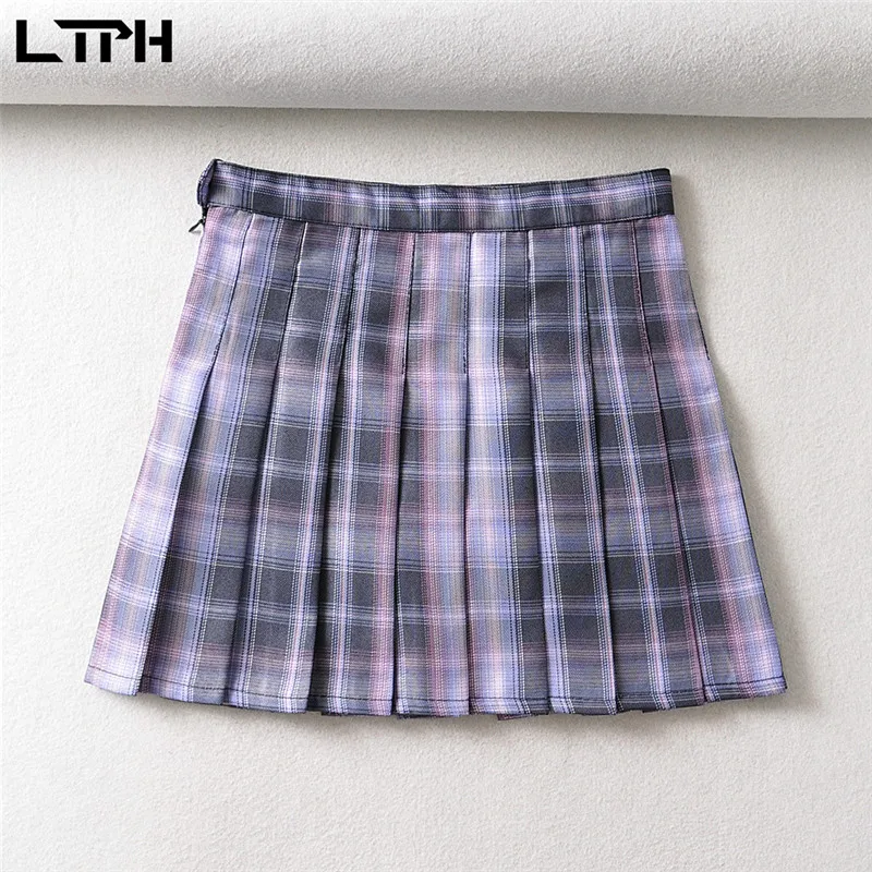 

TLPH French vintage Preppy Style High Waist Mini A-Line Pleated skirt purple stitching Plaid sweet Women Skirts 2020 Autumn New
