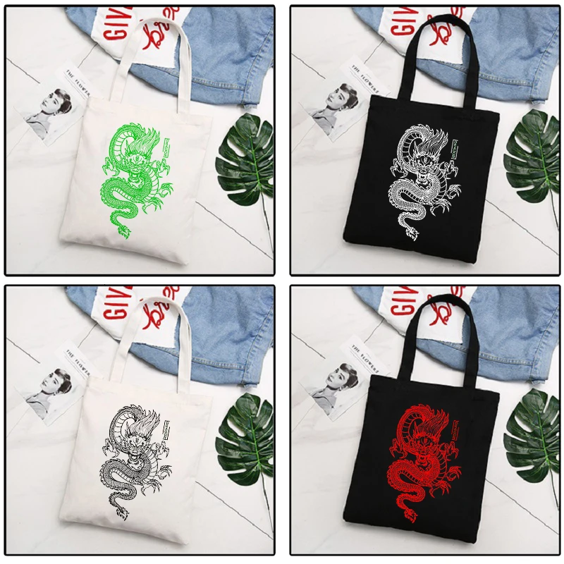 Dragon Printing Canvas Bag Shopper Bag Harajuku Large Capacity Punk Gothic Style Women Bags Classic Vintage Shoulder Bag Handbag