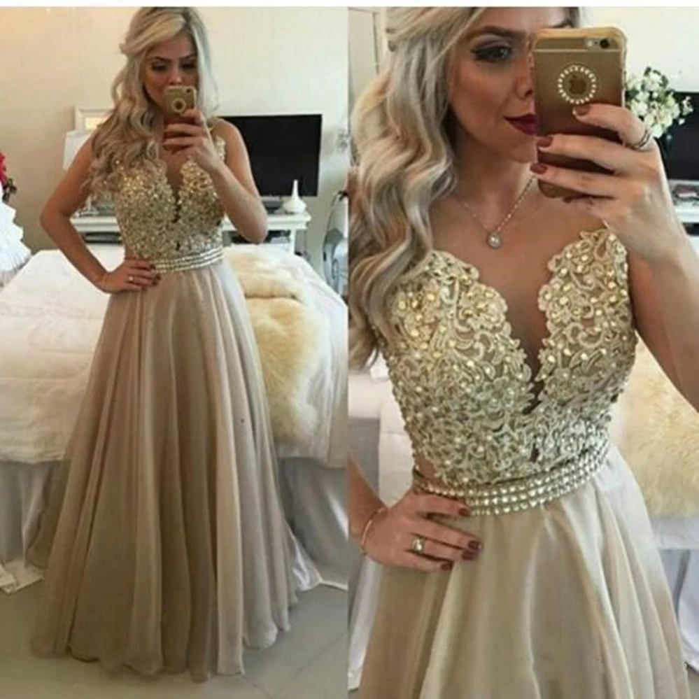 

Champagne Arabic Prom Dresses Sheer Neck Appliques Beads Crystal A Line Long Cheap Formal Evening Party Special Occasion Gowns