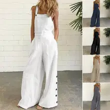

50% Hot Sales!!! Summer Women Jumpsuit Sleeveless Solid Color Wide Leg Pockets Loose Strappy Playsuit Overall for Party