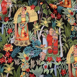 Elegant European Retro Stretch Cotton Satin Fabric - Digital Print for Sewing and Handmade Creations (Black)