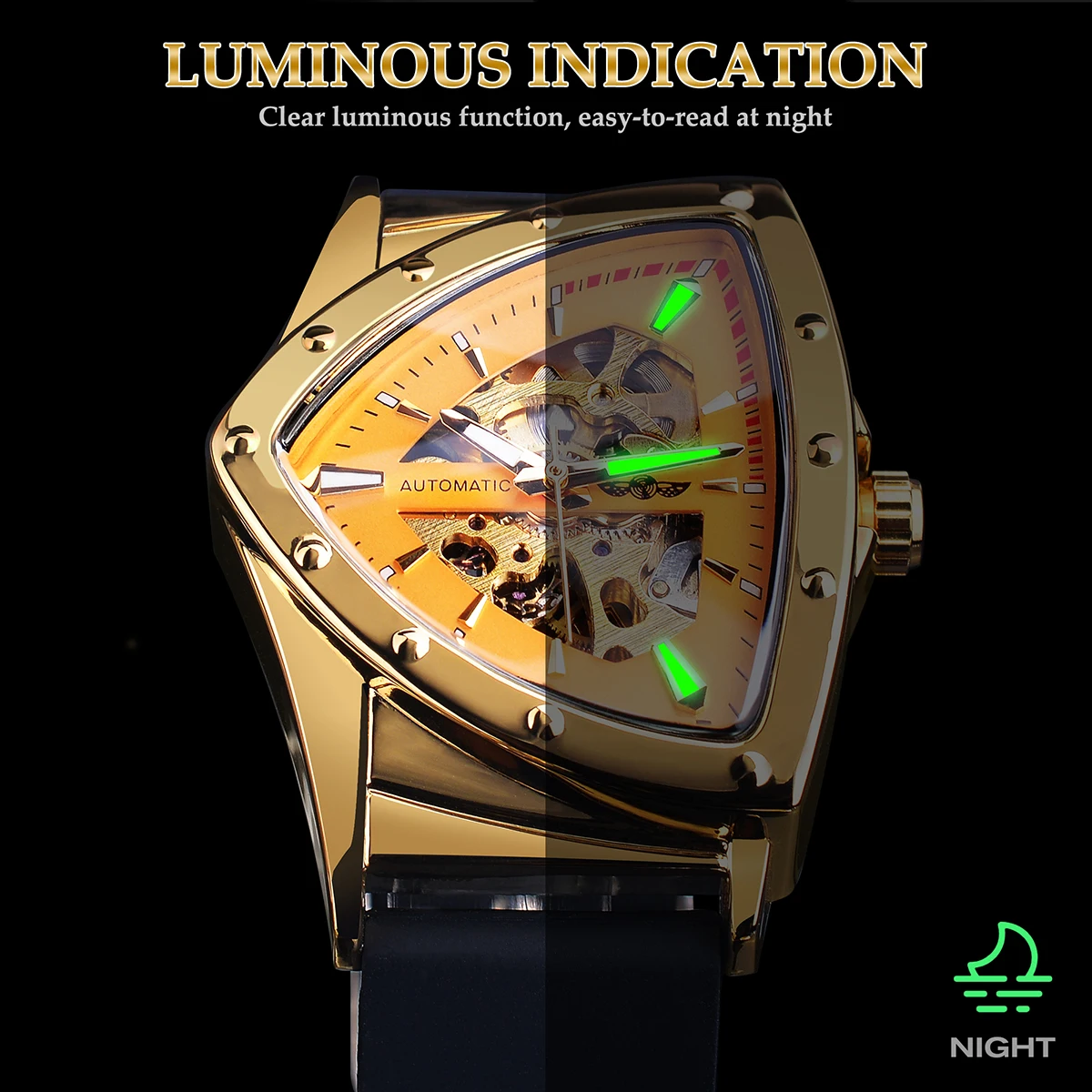 WINNER Gold Skeleton Mechanical Watch Transparent Men Automatic Wristwatch Silicone Strap Triangle Watches Relogio Masculino