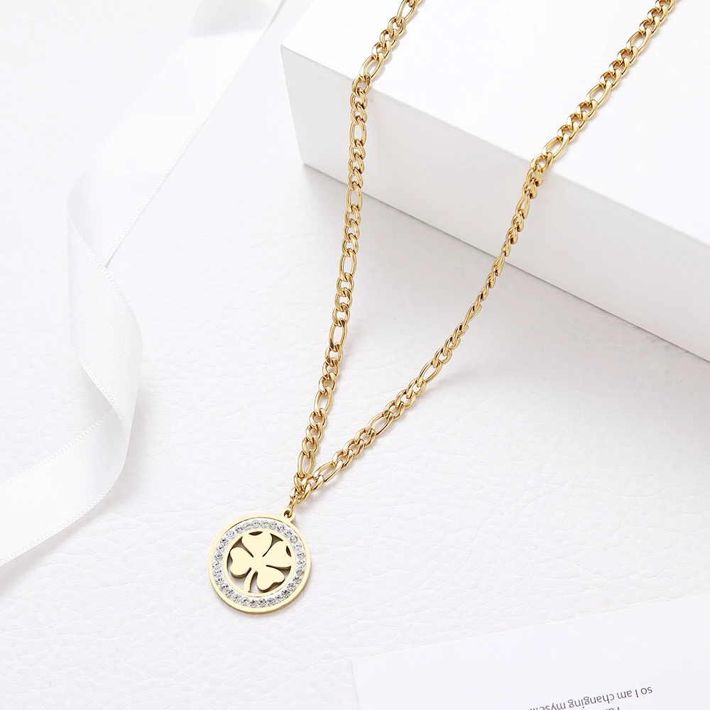 Crystal Round Clover Necklace For Women And Men Stainless Steel Cuban Chain Necklaces New Statement Wedding Gifts Jewelry S767