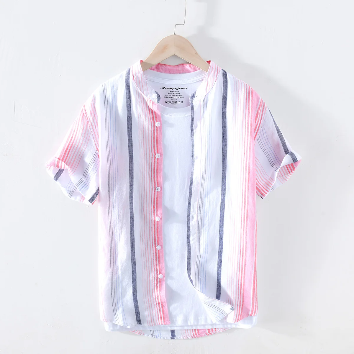 100% Pure Linen Striped Shirts for Men Casual Stand Collar Short Sleeve Hemp Male Summer Fashion Breathable Tops Clothing | Мужская