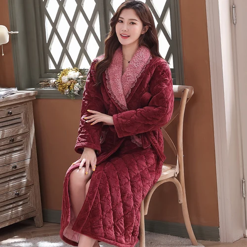 럭셔리 레드 플란넬 퀼트 가운, 여성 두꺼운 우아한 드레싱 가운, 따뜻한 벨트 여성 목욕 가운, 겨울 긴 가운, 여성 목욕 가운 5