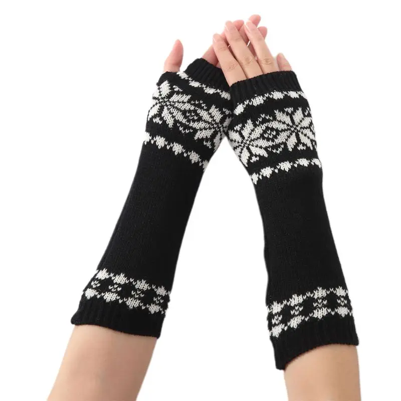 Women Men Unisex Snowflake Pattern Jacquard Fingerless Gloves Winter Crochet Knit Arm Warmers Mittens with Thumbhole Gift - Цвет: as  the shown