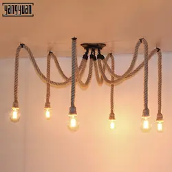 Светодиодный винтажный люстра из пенькового каната старинные классические регулируемые светильники паук потолочный Ретро светодиодный