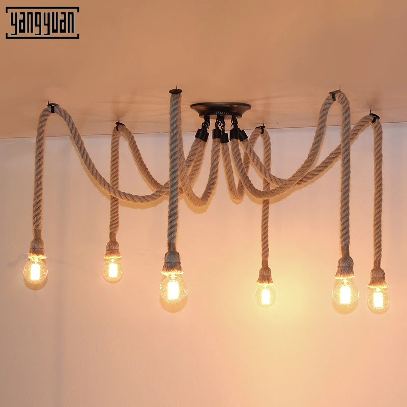 

Led Vintage Hemp Rope Chandelier Antique Classic Adjustable Spider Lamp Light Ceiling Retro LED Pedant Light for restaurant Bar