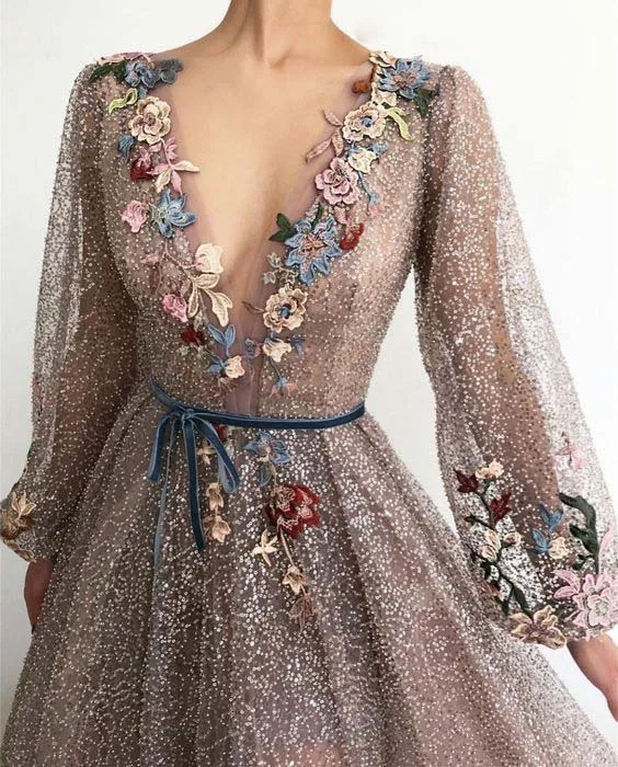Блестящее фатиновое платье трапециевидной формы с блестками для выпускного вечера, глубокий v-образный вырез, длинный рукав, 3D аппликация вечернее платье с поясом Robe de soiree