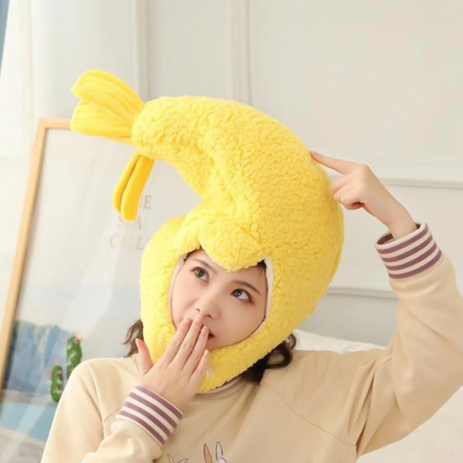 Comfortable Plush Fun Hood Lobster Prawn Shrimp Hats Women Men Costume Hats Warm Soft Cozy Headdress Photographic Headwear