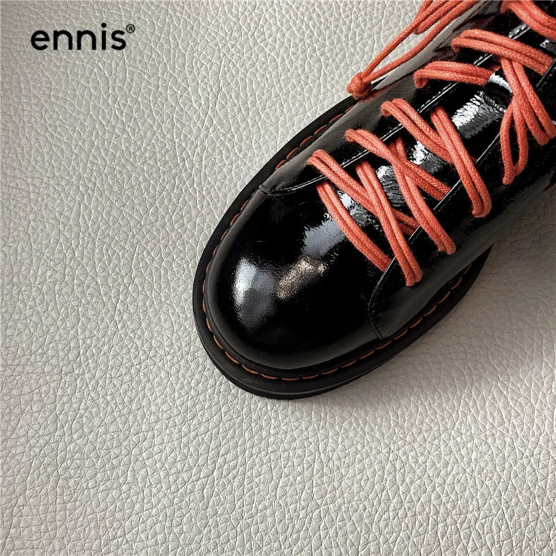 ENNIS/ г.; дизайнерские ботинки на платформе; обувь martin; женские ботильоны из лакированной кожи; осенние ботинки из натуральной кожи черного цвета на шнуровке; обувь на плоской подошве; A9194