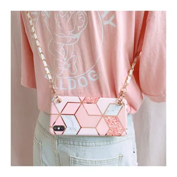 

Bling Glitter Pink Marble Crossbody Phone Case For iPhone 11 pro max XS MAX XR 8 7 6S plus cover with long Chain shoulder strap