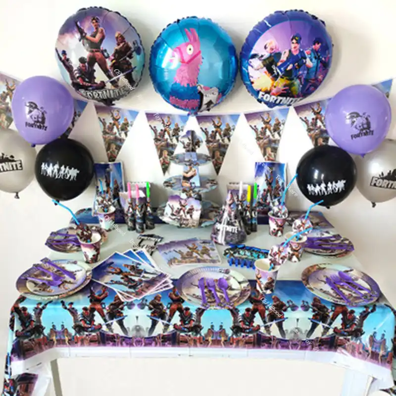 Decorations Pour Fete Et Gateau Fortnite Accessoires En Papier Fournitures De Vaisselle Deco D Anniversaire Ensemble Tasse Couteau Fourchette Et Assiette Aliexpress