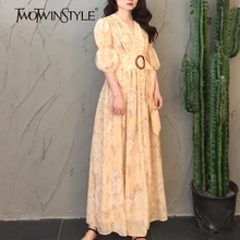 TWOTWINSTYLE, весеннее повседневное женское платье с принтом, v-образный вырез, пышные рукава, высокая талия, платье миди, Женская мода, новая одежда