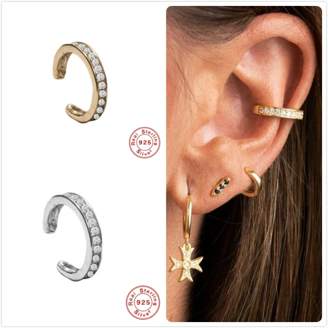 Real 925 Silver Earrings For Women Gold Small Girl Gift No Piercing Earring Punk Female Zircon Stone aretes R5 | Украшения и
