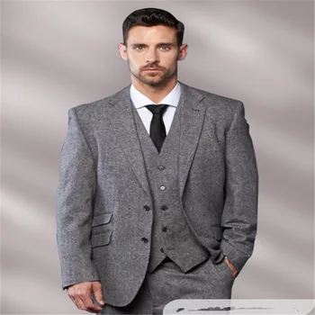 

2020 Latest Coat Pant Designs Grey Tweed Men Suit Slim Fit 3 Piece Tuxedo Custom Groom Gentle Blazer Prom Suits Terno Masculino