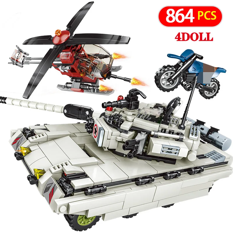 

864PCS Intercontinental Tank Helicopter Building Blocks legoing Military WW2 Tank Soldier figures Weapon Army Bricks kids Toys
