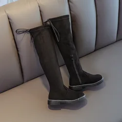 Bottes hautes en daim noir pour filles, chaussures chics, Design de marque anglaise, à talons bas, classiques, E10233, 2021 
