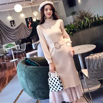 

2019 Mid-calf Knitted Dress +mesh Knee Shirt 2 Piece Set Women Trendy Winter Long Sweater Set with High Waist Belt Round Buckle